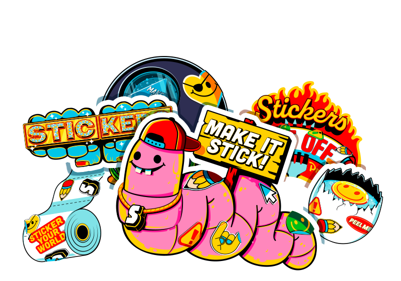 Kolorowe personalizowane naklejki wycinane po obrysie, m.in. różowy robak trzymający tabliczkę "Make it stick!"